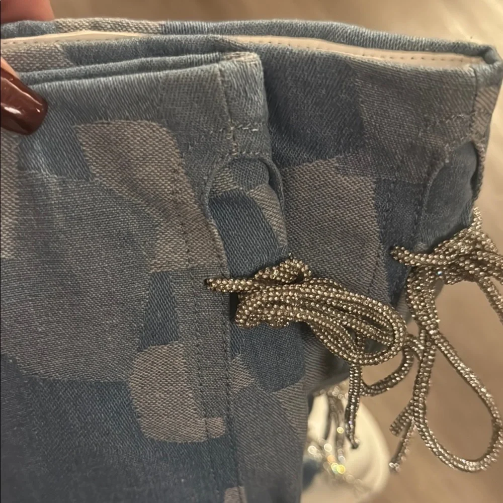 CAPE ROBBIN ❣️ Blue Jean Patterned Rhinestone Lace-Up Women's Boots Sz 7🤩